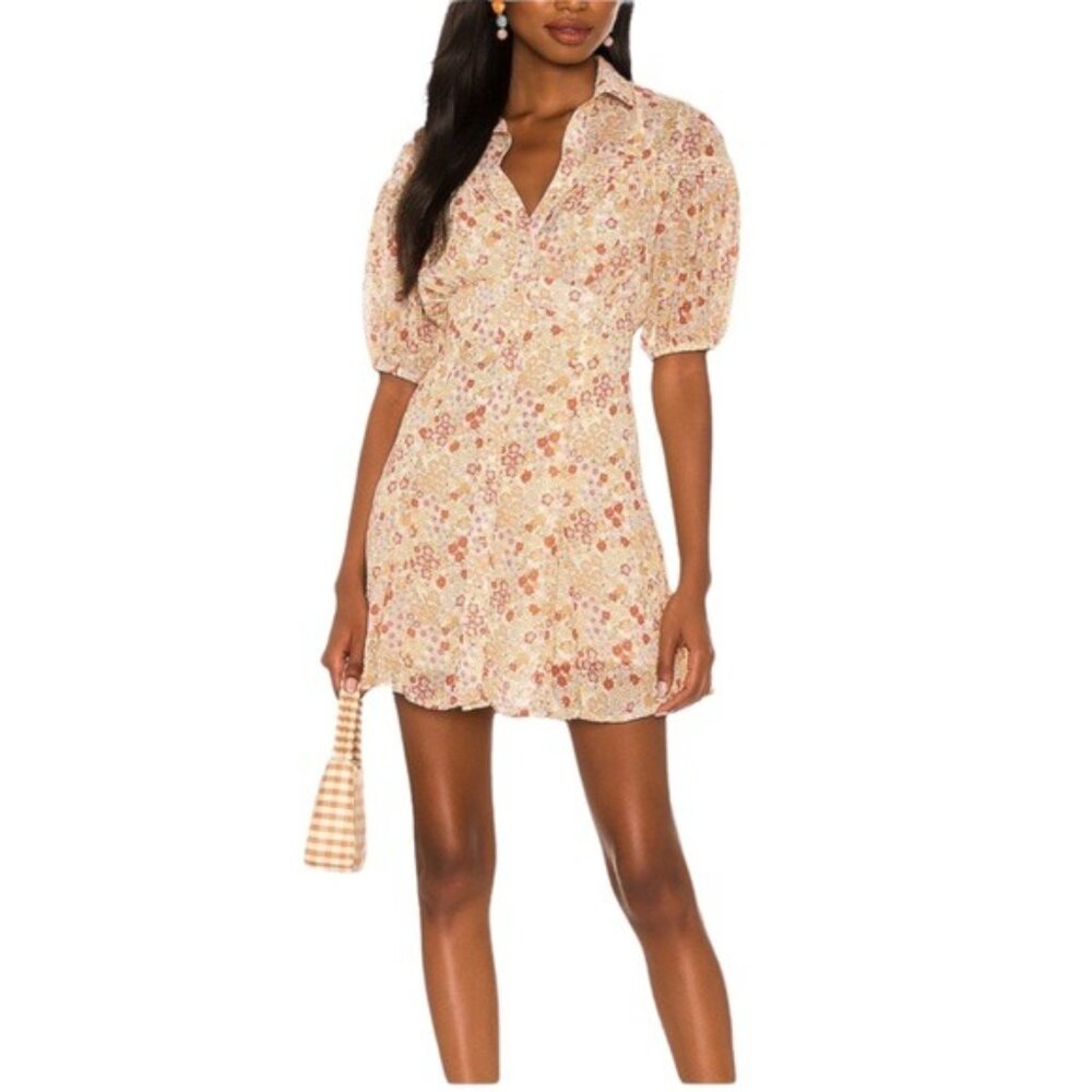 Free People Bonnie Mini Dress in Tea Combo Pale Yellow Floral Size XS NWT